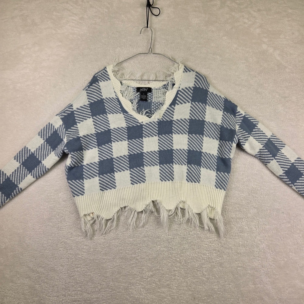 Just Polly New York Blue White Checkered Distressed Frayed Cropped Sweater Small